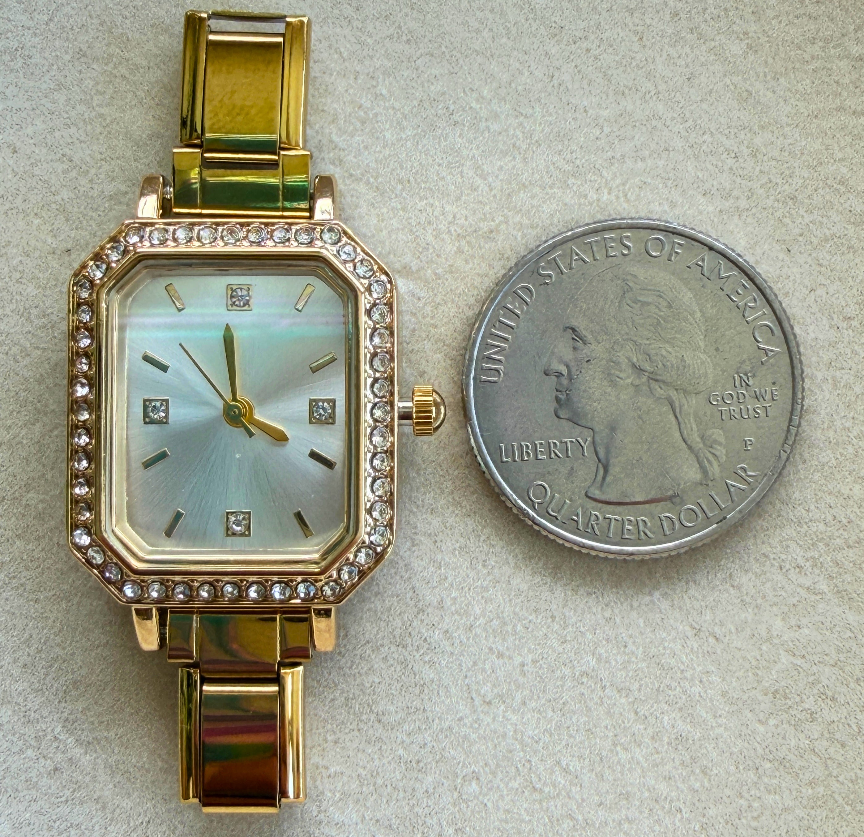 Gold Rectangle Pearl White with Bling Watch Face