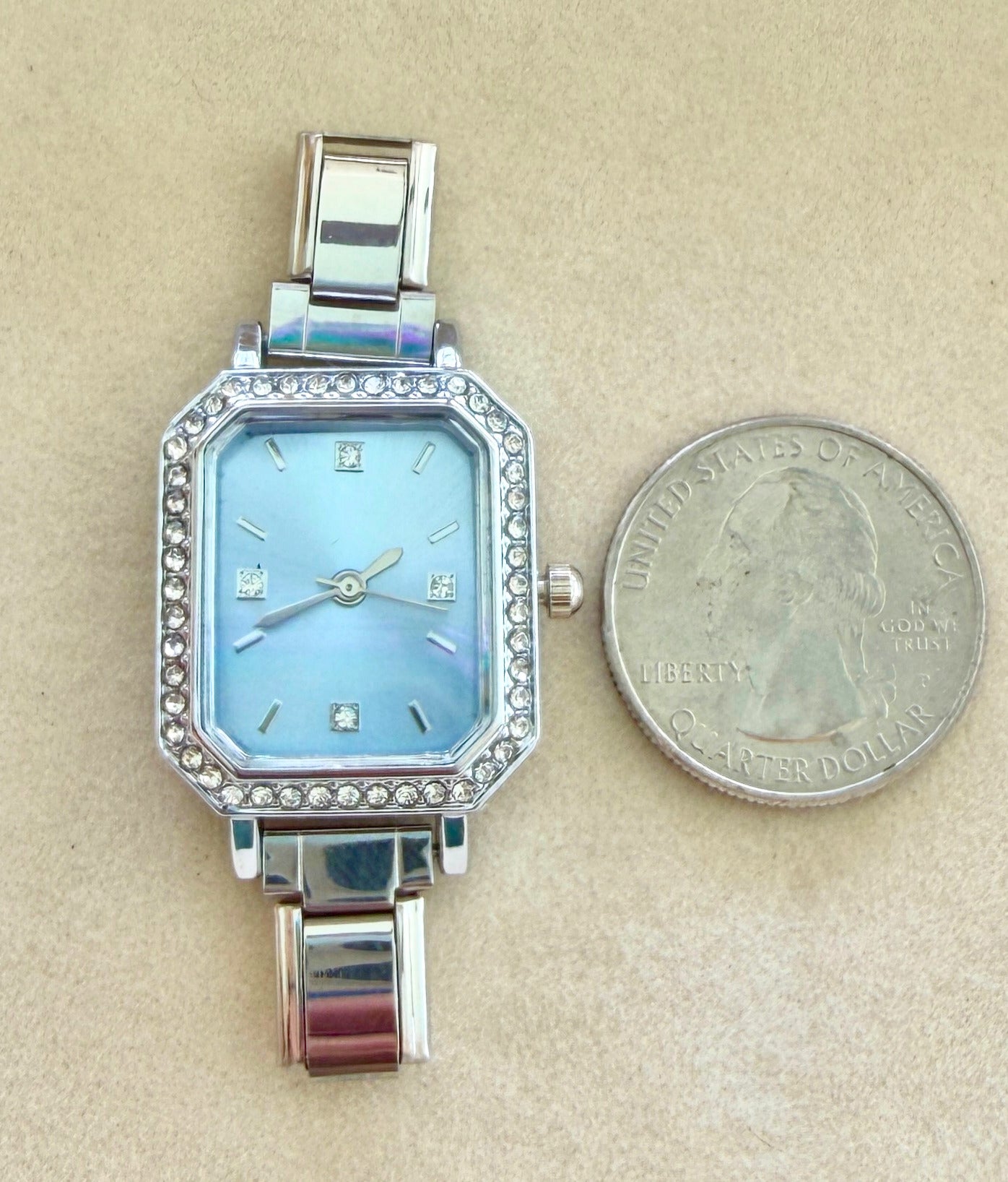 Silver Rectangle Light Blue Bling Watch Face