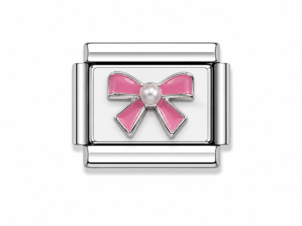 Silver Raised Pink Bow with Pearl