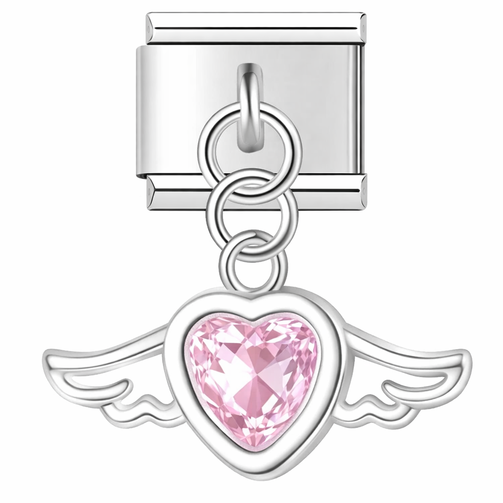 Silver Pink Angel Heart with Wings