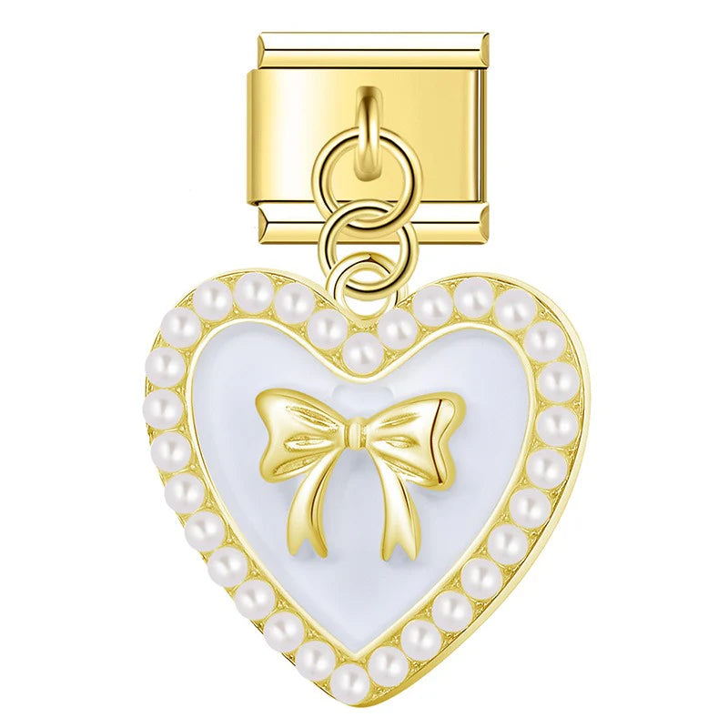 Gold Heart Bow Pendant / Dangle with white