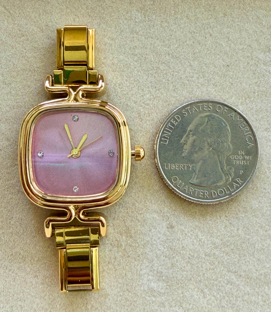 Gold Square Pink Watch with Gems