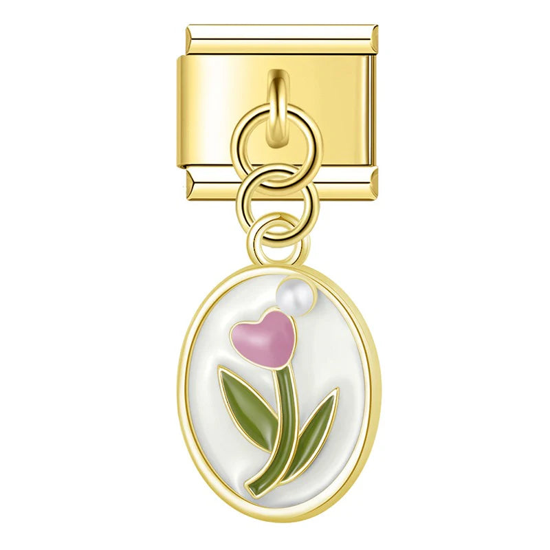 Gold Pink Heart Flower Pendant / Dangle