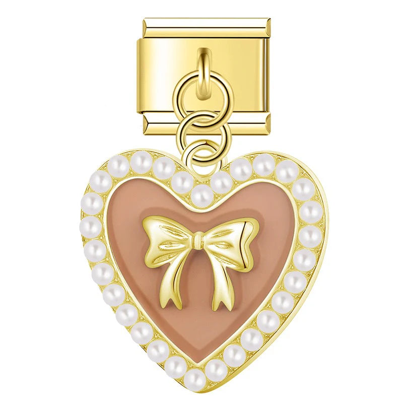 Gold Heart Bow Pendant / Dangle with light brown