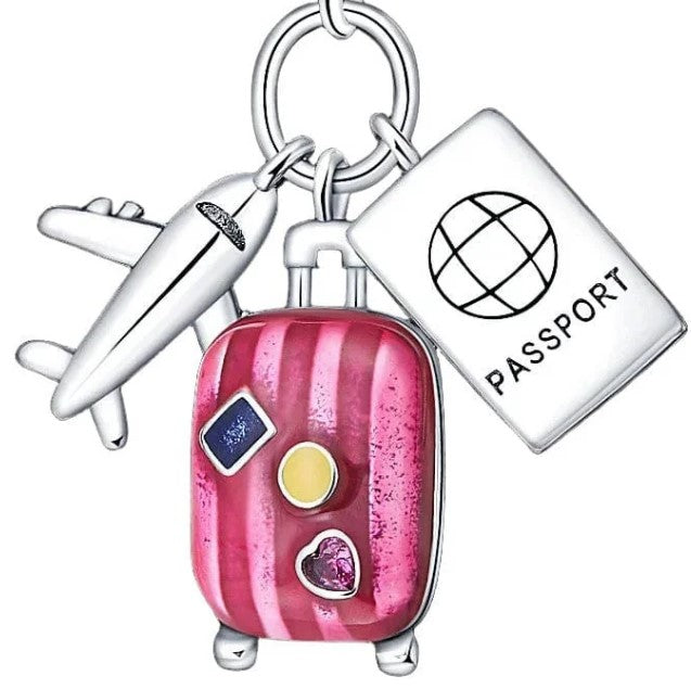 Silver Pink Passport Airplane Suitcase Pendant