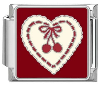 Silver Red Cherries Heart Italian charm